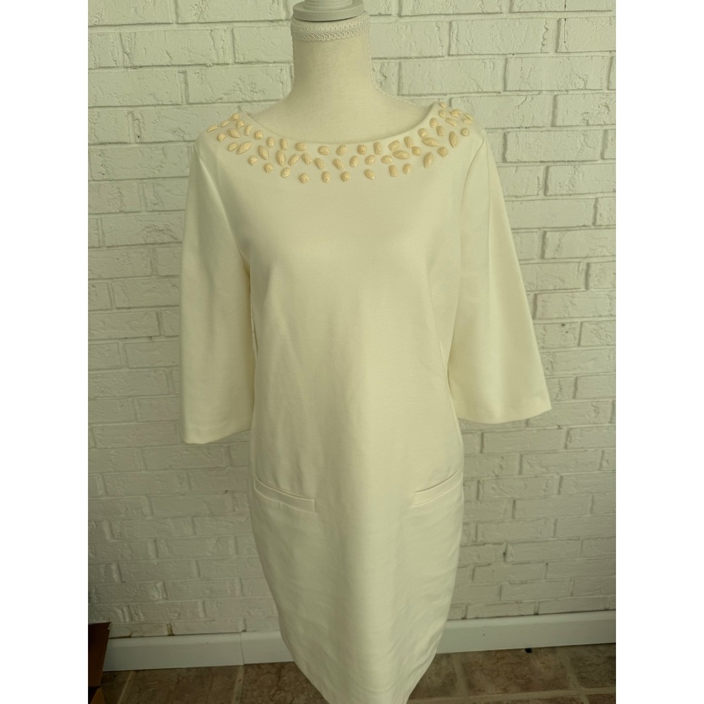 Sandra Darren Shift‎ Dress Womens 10P Cream Excellent Beaded Neckline 3/4 Sleeve